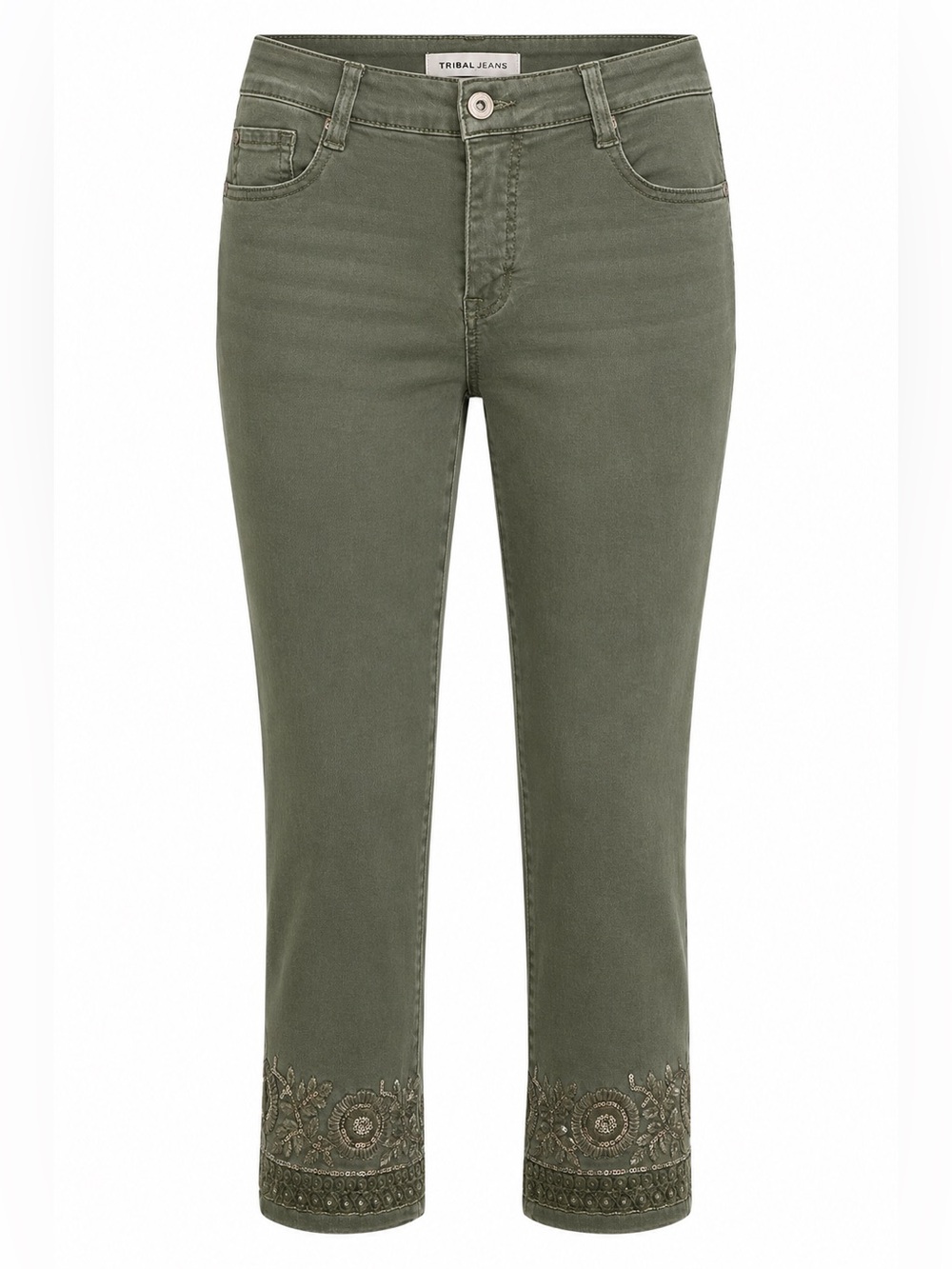 Tribal Audrey Mid-Rise Slim Crop Embellished Olive Jeans Size 10